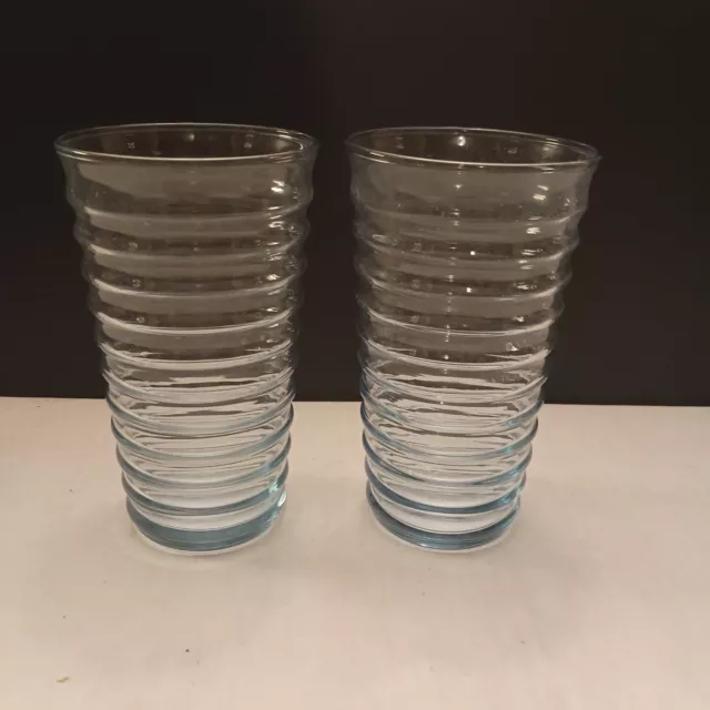 (2)Vintage Anchor Hocking Light Blue Glasses  Tumblers Beehive Ribbed Water Tea