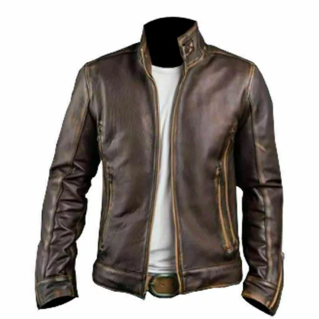 Cafe Racer Stylish Distressed Brown Biker Vintage Real Leather Men's Jacket UK