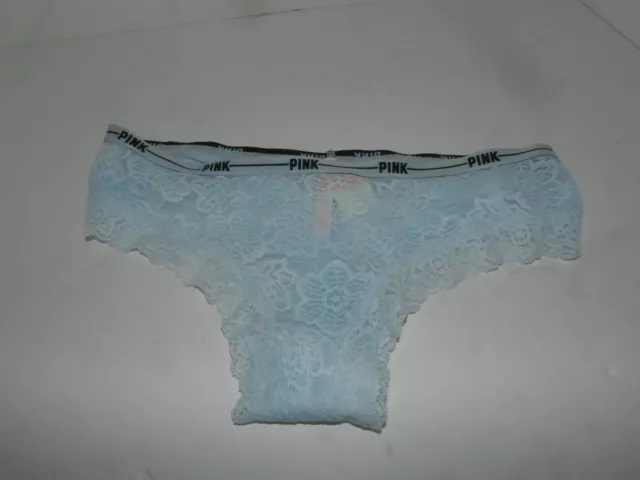 VIctorias Secret PINK Cheekster panties NWT blue logo band lace M sheer back