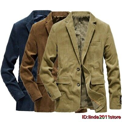 Mens Corduroy Suit Jacket Smart Casual Notch Lapel Cord Blazer Coat Vintage