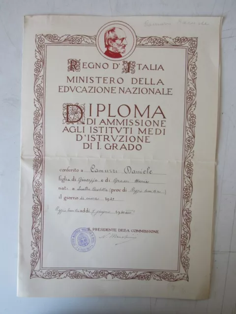 Diploma Scolastico 1929 Regno D'italia