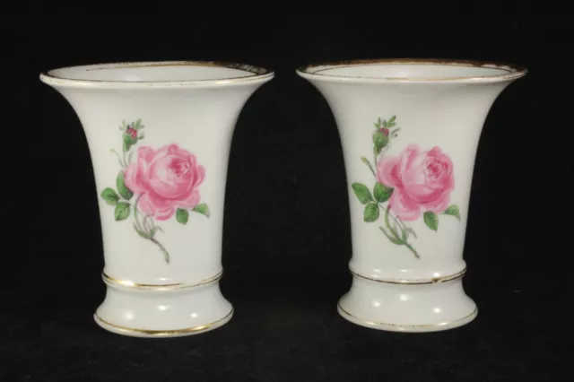Pair Vintage Meissen Porcelain 3¾" Trumpet Vases with Hand Painted Pink Roses