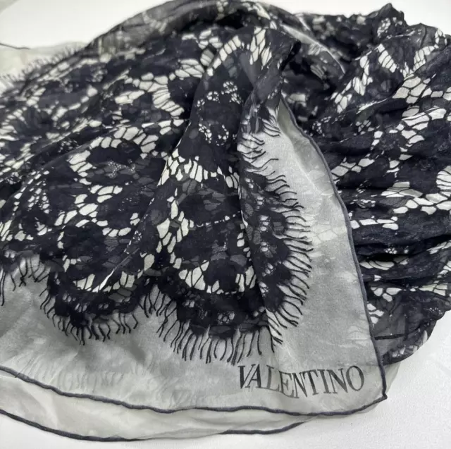 Valentino Black & White Lace Print Silk Rectangle Scarf