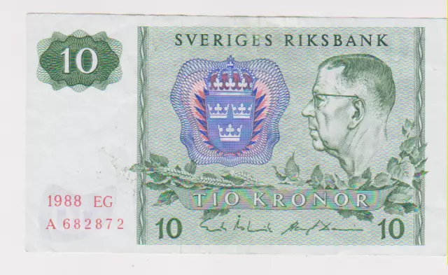 Sweden 10 Kronor 682872 Paper Money Banknotes Currency 1988  (1)