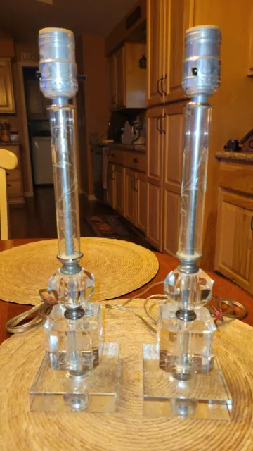 Beautiful Pair Of Vtg Floral Etched Crystal Boudoir Lamps Hollywood Regency