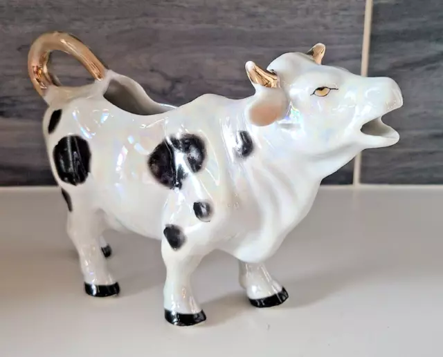 Vintage Pearlescent Cow Creamer Milk Pitcher Porcelain Gold Accent
