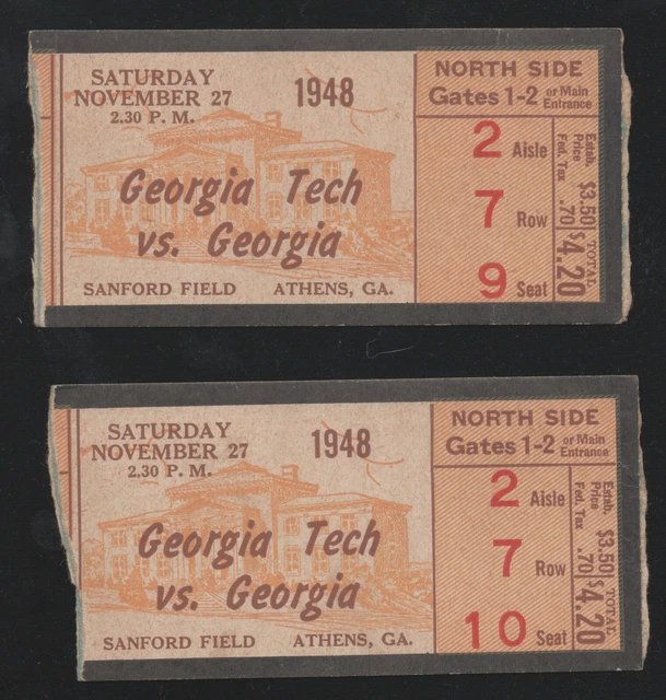 LOT of 2 Nov 27, 1948 Georgia Tech VS Georgia Football Tickets Bulldog Win 20-14