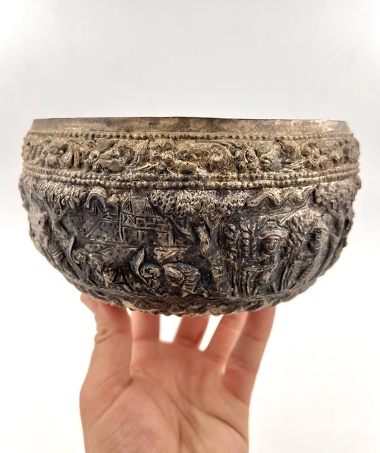 Antique Handmade Cambodian Burmese Thabeik Thai Repousse Silver Bowl 282.5g