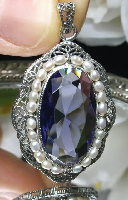 Seed Pearl & Amethyst Necklace Pendant Sterling Silver Victorian Filigree P52