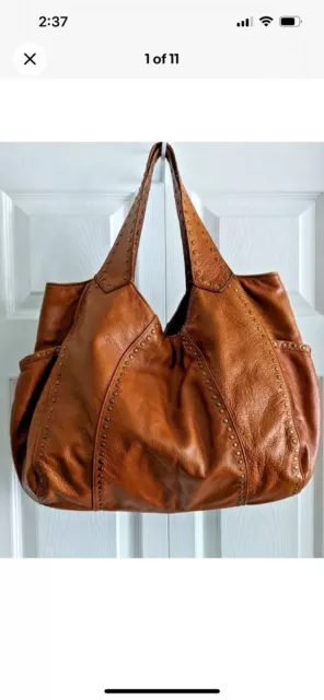 Kooba Lucy Cognac Studded Leather Large Hobo Shoulder Bag