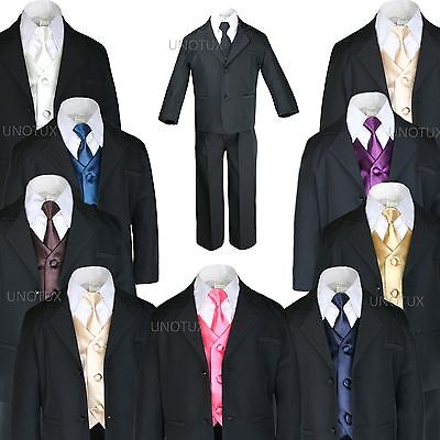 New 7pc Satin Vest Neck Tie + Boy Baby Toddler Kid Black Formal Suit Tuxedo S-20