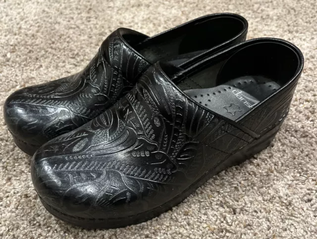 Dansko Women's Clogs Size 37 EU Slip On Black Leather Shoes Floral Embossed