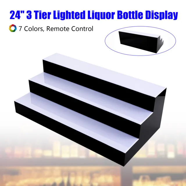 24" 3 Step Tier LED Lighted Back Bar Glowing Liquor Bottle Display Shelf Black