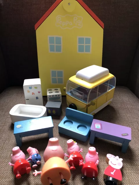 Peppa Pig Wooden House Furniture Figures And Van Bundle