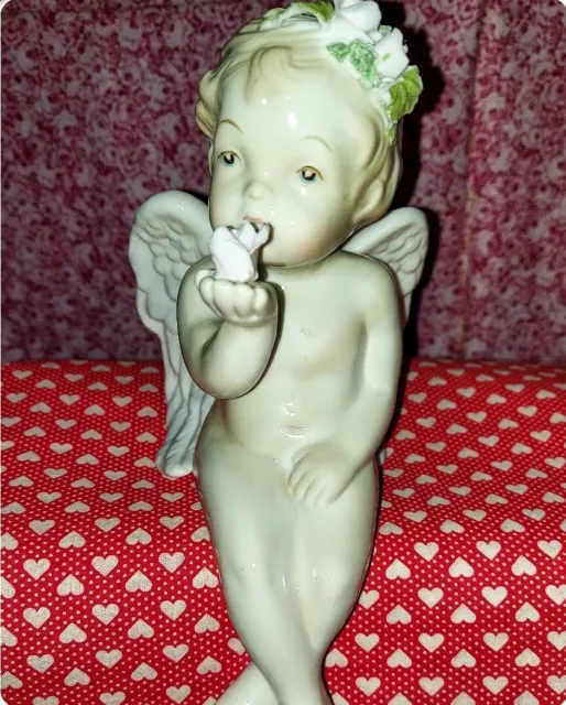 Vintage Cherub Angel White Porcelain Blowing Kisses Valentine 8" Tall x 4" W