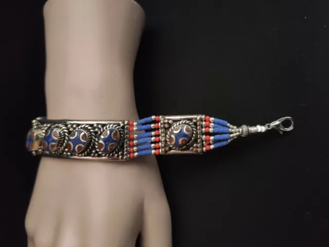 Asian Sterling Silver Bracelet women Tibetan Jewelry Lapis  Coral Bracelet B12