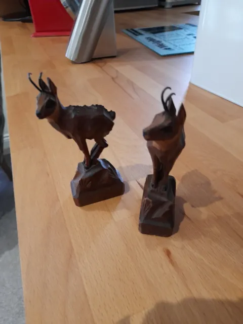 A pair of Black Forest Carved Mountain Goats Swiss Wood Carvings