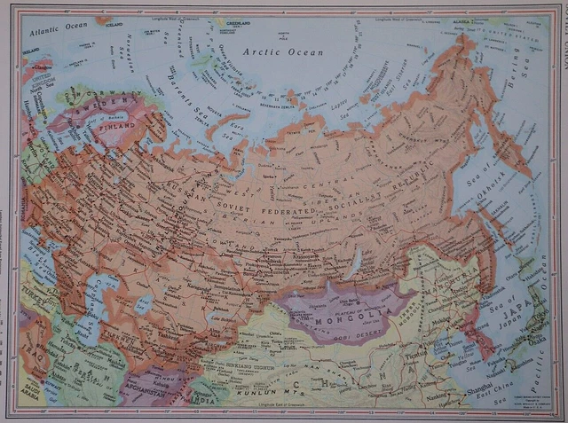 Vintage 1967 Rand McNally Atlas Map ~ SOVIET UNION, MONGOLIA, ARCTIC OCEAN