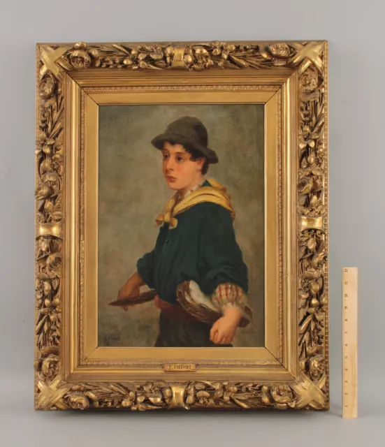 19thC Antique Signed Italian Genre Portrait Oil Painting Neapolitan Peasant Boy