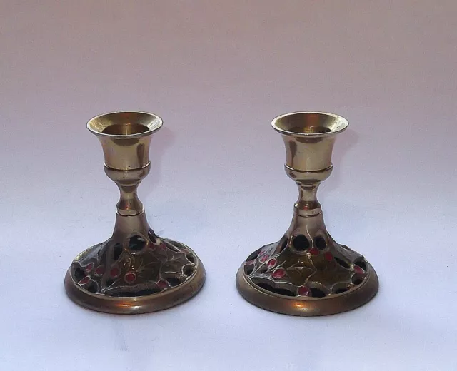 Pair Solid Brass Christmas Holly Candlesticks Candle Holders, Engraved & Painted