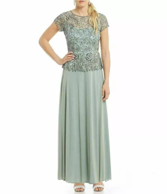 Pisarro Nights Chiffon Floral-Beaded Bodice Two-Piece Gown Petite Sz 4P Sage