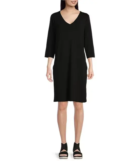 Eileen Fisher Womens Size M Black Shift Tencel Lyocell Stretch V- Neck Dress