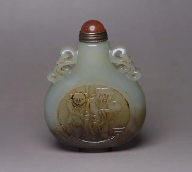 Old Peking Chinese Hetian Jade Snuff Bottle Carving Figure Story Statue Snuffbox