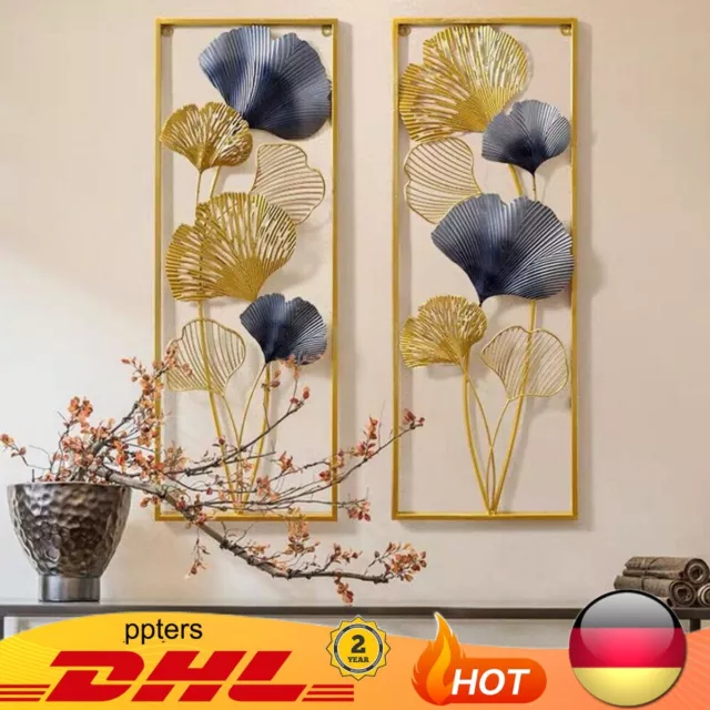 Wandbild Ginkgo Blätter Skulptur Wandschmuck Metall Wanddeko 2pcs 85×31×5cm Gold