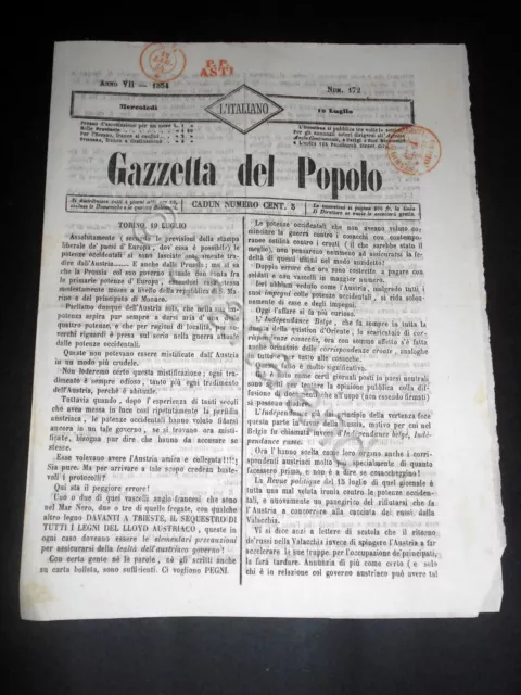 Risorgimento Cavour Torino - Giornale Gazzetta del Popolo n° 172 del 1854