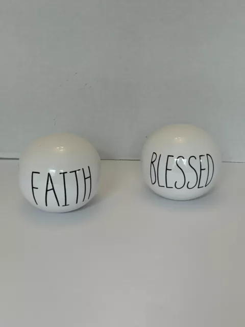 Lot of 2 - 3" White Ceramic Decorative Balls/ Faith & Blessed