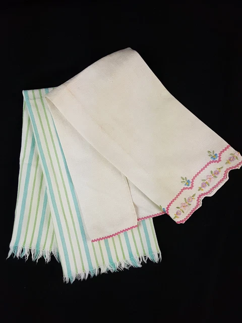 Vintage Lot of 2 Kitchen Tea Hand Dish Towel Striped Embroidered Mid Century