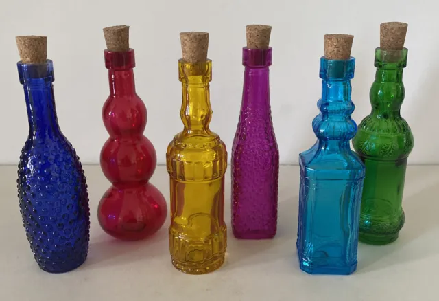 Collection of 6 Mini Bottles w Corks 6 Different Colors 5.5” Tall Rare Beautiful