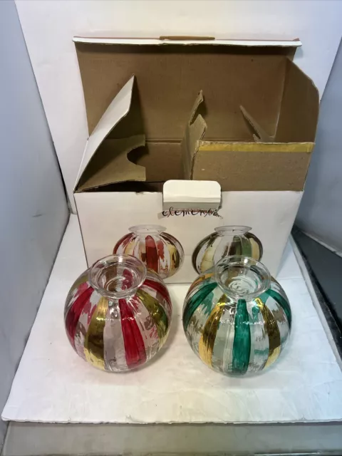 Elements Stripped Glass Globe Tealight Holders set of 2  red/green/gold/clear