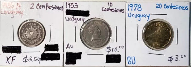 Uruguay Coin Lot: 1936-2 Centesimos, 1953- 10 Centesimos & 1978- 20 Centesimos