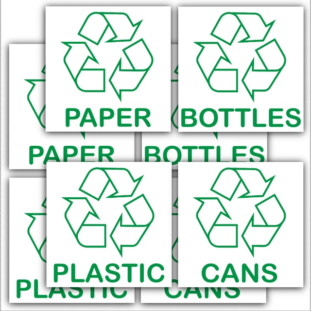 6 X RECYCLING Bin StickersRecycle Paper,Plastic,Cans,Bottles.With Logo