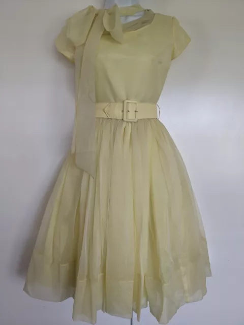 Vintage 50s Yellow Chiffon belted fit flare Party Prom Dress Monterey Modes 60s