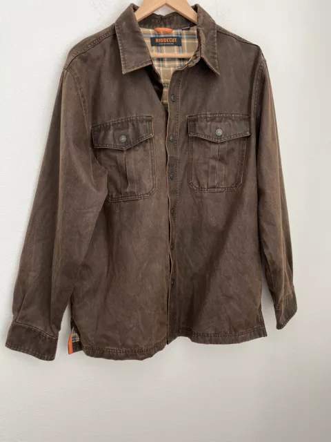 Ridgecut Toughwear Distressed Brown Work Shacket Jacket Medium Flannel Lined