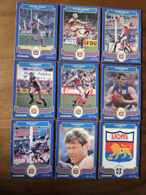 Fitzroy Lions 1986 Scanlens VFL / AFL Cards x 9 Cards - Unmarked Checklist