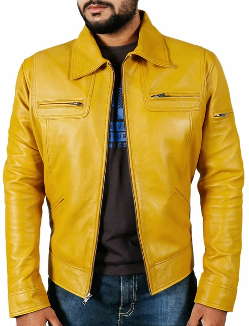 Uomo Giallo Colore Premium Giacca Originale pelle D'Agnello Casual Motociclista
