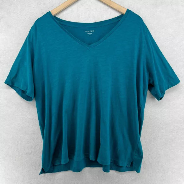 EILEEN FISHER Top L Organic Cotton Slub Jersey V-Neck Short Sleeve Teal Blue