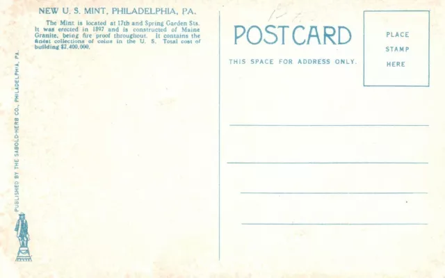 Vintage Postcard 1920's New US Mint Building Philadelphia Pennsylvania Structure 2