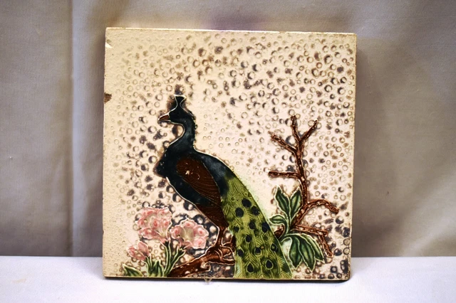 Antique Peacock Tile Majolica Art Nouveau Slight Embossed Architecture Rare"908