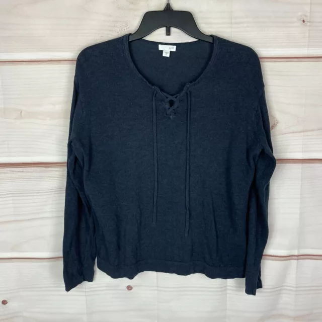 J. Jill Lace Up Long Sleeve Sweater Womens Small Blue Solid Cotton Knit Pullover