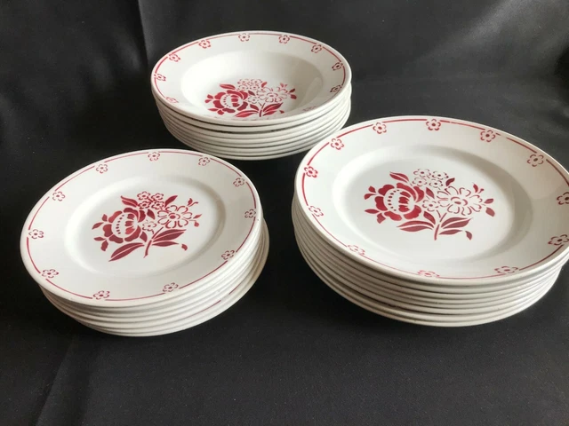 24 Assiette ST AMAND "Gabriel" (3 x 8) fleurs rouge /bordeaux Céranord - Vintage