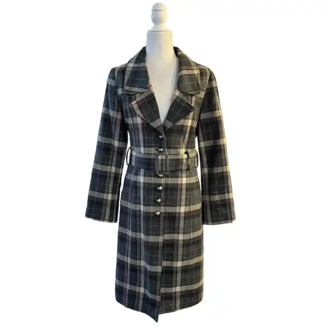 Anthropologie BB Dakota Plaid Long Belted Wool Blend Women’s Jacket Size Large