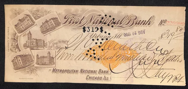 FNB Urbana, IL $319 1900 Bank Check Revenue Stamp w/ University Vignette