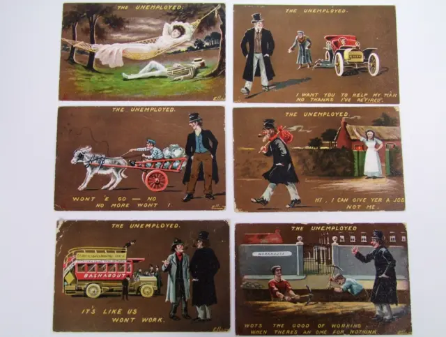 Postcard Comic Set, W R Ellam, The Unemployed, Lazy Idle, Car, Donkey, Bus...G