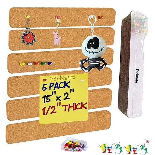 6Pack Cork Board Bar Strips for Wall,15x2inch-1/2inch Thick Self Adhesive