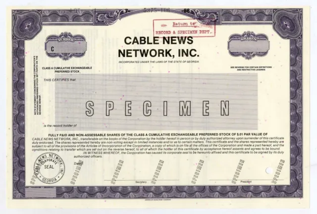 GA. Cable News Network, Inc., "CNN" 1988. Specimen Stock Cert., VF-XF. ABNC