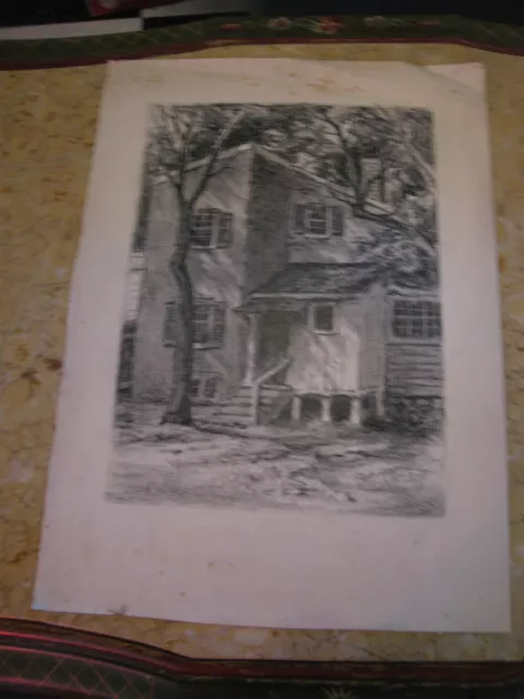 Vtg Antique Early 20th Cent. E A Trego Charcoal Drawing of House